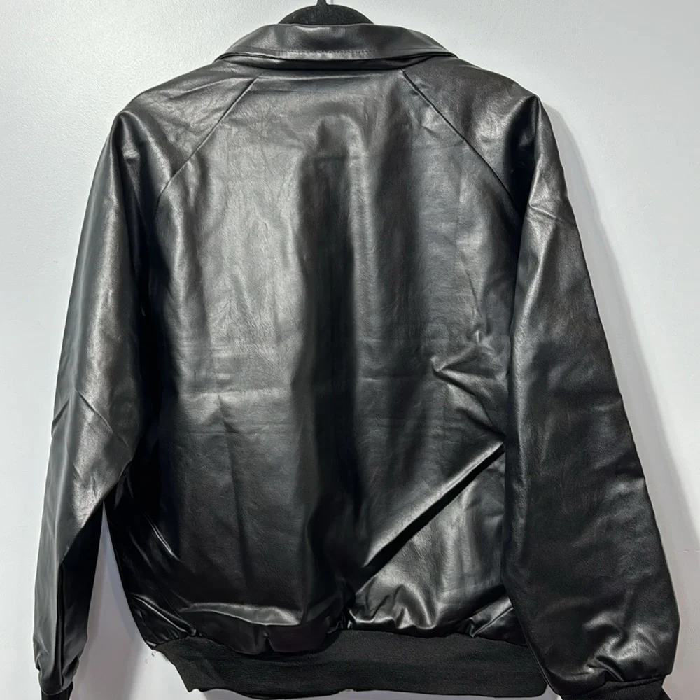 Jiechaofang Black with White Piping Faux Leather Jacket in Size‎ XL